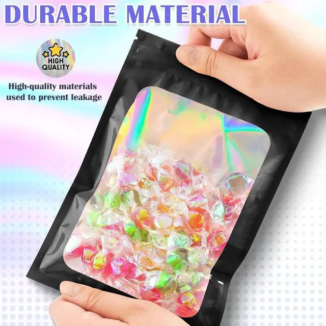 Alt view image 4 of 6 - JETMORE 100 PCS Holographic Bags, Black Mylar Bags, 2.4x3.9in Candy Bags | Smell proof bag design with clear window, goodie bags organize samples, favors and daily orders for neat storage and packing