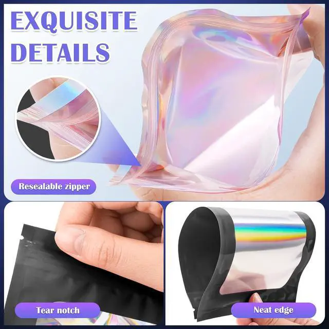 Alt view image 5 of 6 - JETMORE 100 PCS Holographic Bags, Black Mylar Bags, 2.4x3.9in Candy Bags | Smell proof bag design with clear window, goodie bags organize samples, favors and daily orders for neat storage and packing