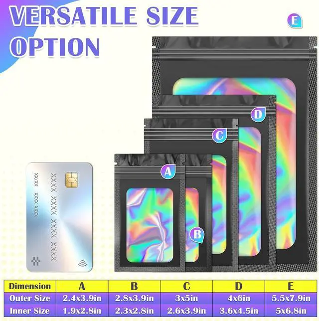 Alt view image 6 of 6 - JETMORE 100 PCS Holographic Bags, Black Mylar Bags, 2.4x3.9in Candy Bags | Smell proof bag design with clear window, goodie bags organize samples, favors and daily orders for neat storage and packing