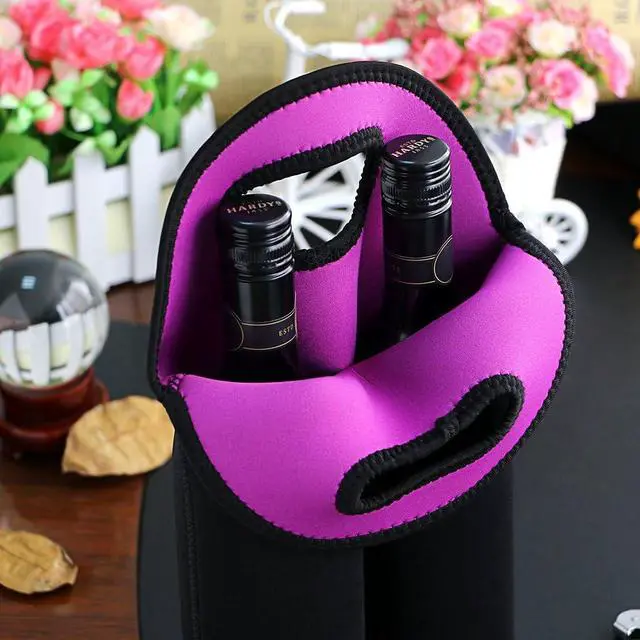Alt view image 2 of 7 - Hipiwe 2 Bottle Wine Carrier Tote Bag Portable Neoprene Wine Travel Holder | Insulated Wine Bottle Holder for Travel Picnic Party, Wine Cooler Bag Gift for Water Bottle Beer Drinks, Black+Purple