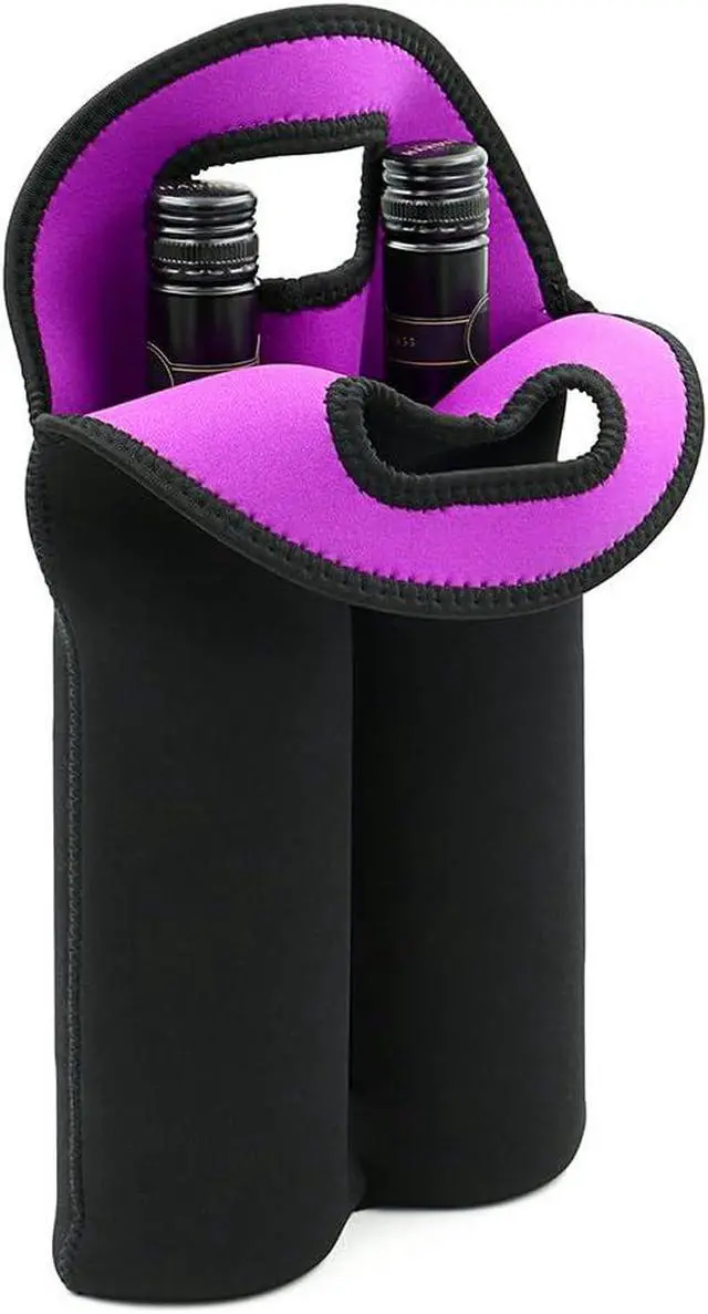 Alt view image 3 of 7 - Hipiwe 2 Bottle Wine Carrier Tote Bag Portable Neoprene Wine Travel Holder | Insulated Wine Bottle Holder for Travel Picnic Party, Wine Cooler Bag Gift for Water Bottle Beer Drinks, Black+Purple