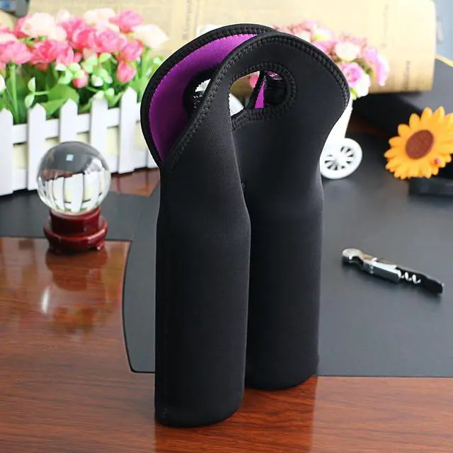 Alt view image 4 of 7 - Hipiwe 2 Bottle Wine Carrier Tote Bag Portable Neoprene Wine Travel Holder | Insulated Wine Bottle Holder for Travel Picnic Party, Wine Cooler Bag Gift for Water Bottle Beer Drinks, Black+Purple