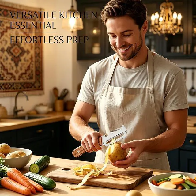 Alt view image 2 of 7 - 3-in-1 Multifunctional Vegetable Peeler with wooden grip, integrated grater and bottle opener. Practical kitchen tool for peeling, grating and opening bottles, perfect for fruits & vegetables. (1 PCS)