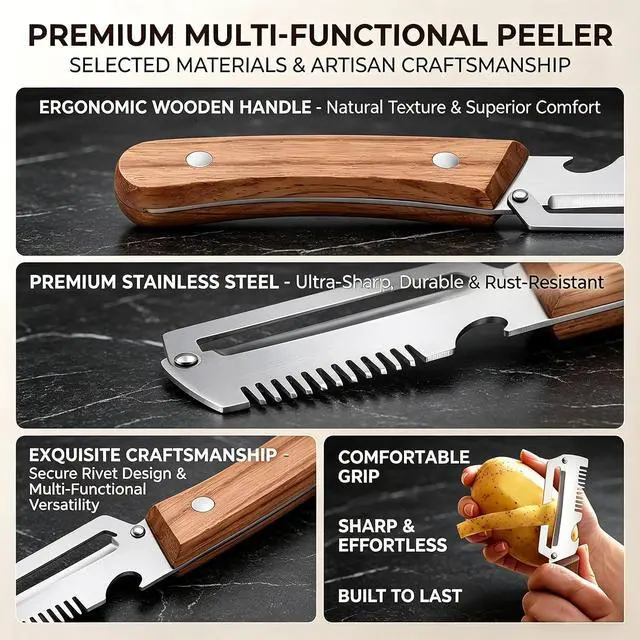 Alt view image 6 of 7 - 3-in-1 Multifunctional Vegetable Peeler with wooden grip, integrated grater and bottle opener. Practical kitchen tool for peeling, grating and opening bottles, perfect for fruits & vegetables. (1 PCS)