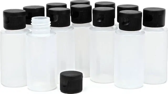 Main image of Vivaplex Clear 2oz Plastic Squeeze Bottles with Black Flip Top Caps - 12 pk