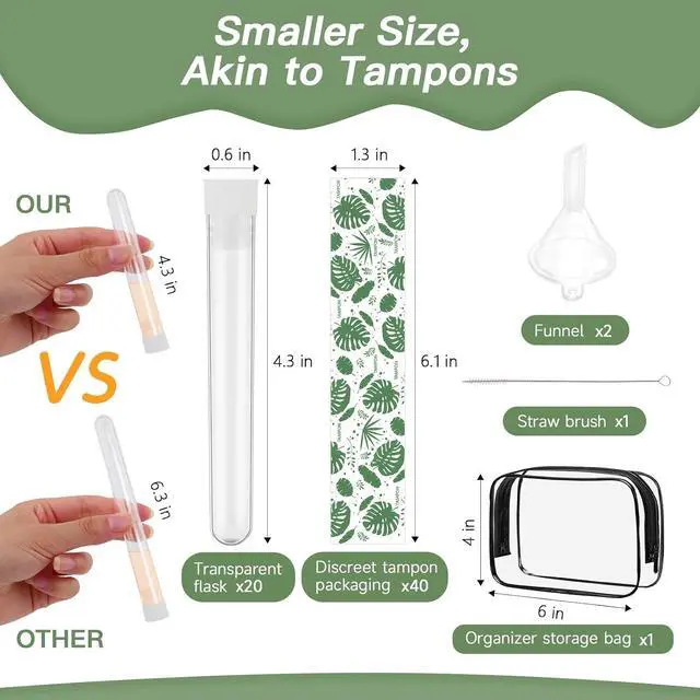 Alt view image 2 of 7 - 64 Pcs Tampon Flasks Set Includes 20 Reusable Plastic Flasks, 40 Self Adhesive Wrappers, 2 Funnels, Storage Bag, Clean Brush, Hidden Tube Flasks for Cruise Event, Concert, Outdoor Sports (Green)