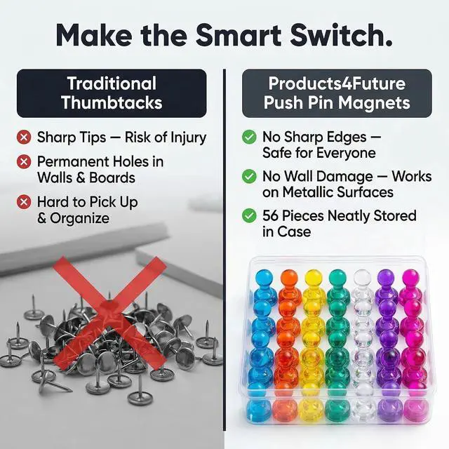 Alt view image 4 of 7 - 56 Colorful Magnets for Whiteboard | 7 Assorted Color Strong Push Pin Magnets | Perfect Magnetic Push Pins to use as Refrigerator Magnets, Whiteboard Magnet, Classroom Magnet