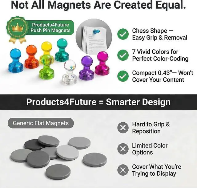 Alt view image 5 of 7 - 56 Colorful Magnets for Whiteboard | 7 Assorted Color Strong Push Pin Magnets | Perfect Magnetic Push Pins to use as Refrigerator Magnets, Whiteboard Magnet, Classroom Magnet