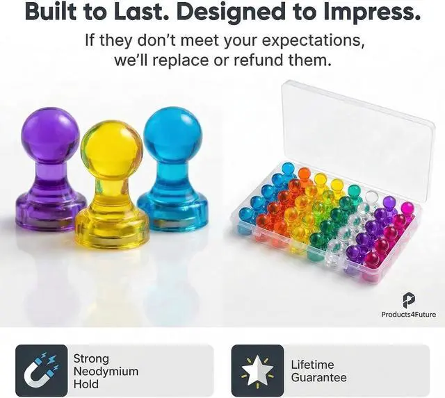 Alt view image 6 of 7 - 56 Colorful Magnets for Whiteboard | 7 Assorted Color Strong Push Pin Magnets | Perfect Magnetic Push Pins to use as Refrigerator Magnets, Whiteboard Magnet, Classroom Magnet