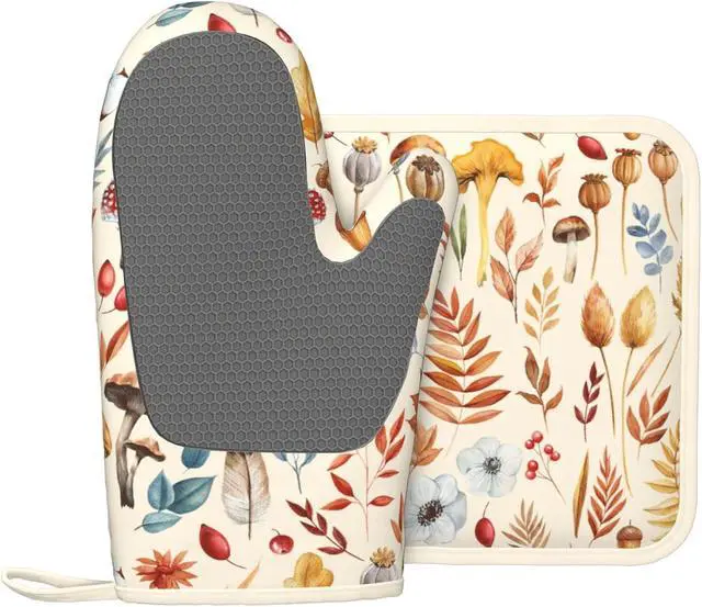Alt view image 2 of 7 - Fall Silicone Oven Mitts Pan Mats Set of 2, Heat Resistant Gloves Potholder with Non-Slip Grips Hanging Loops Pot Holder, Spring Summer for Chef Cooking, Baking, Grilling, BBQ