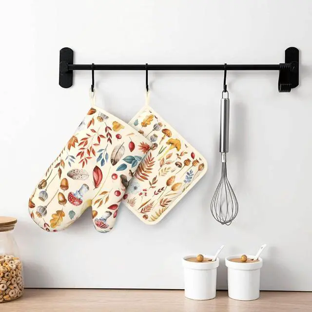 Alt view image 6 of 7 - Fall Silicone Oven Mitts Pan Mats Set of 2, Heat Resistant Gloves Potholder with Non-Slip Grips Hanging Loops Pot Holder, Spring Summer for Chef Cooking, Baking, Grilling, BBQ