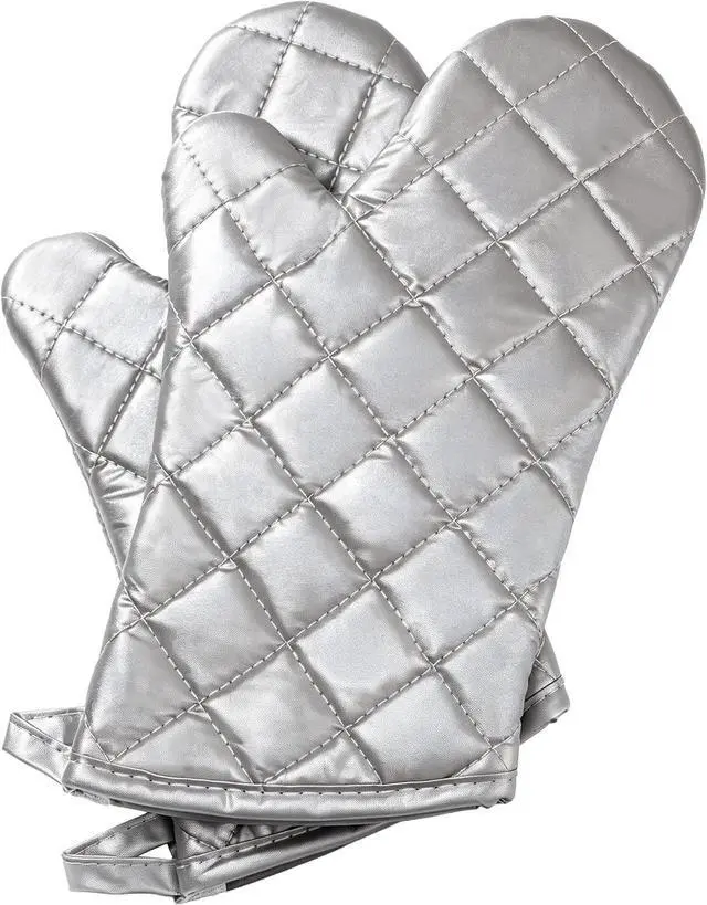 Main image of Silver 13" Quilted Oven Mitts Set of 2 Heat Resistant for Kitchen Grill | Quilted Lining, 1 Pair, Heat Resistant, Classic, Cotton Blend, Cooking, Baking, Grilling, Non-Slip Grip
