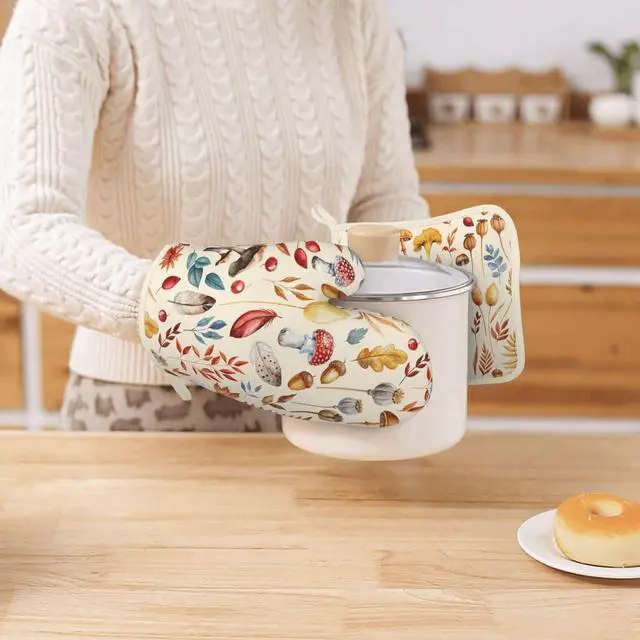 Alt view image 7 of 7 - Fall Silicone Oven Mitts Pan Mats Set of 2, Heat Resistant Gloves Potholder with Non-Slip Grips Hanging Loops Pot Holder, Spring Summer for Chef Cooking, Baking, Grilling, BBQ