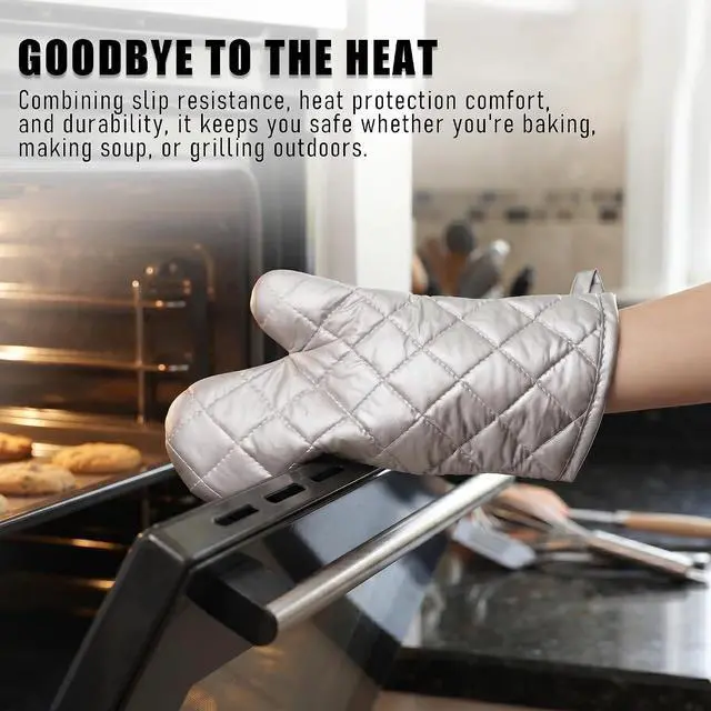 Alt view image 2 of 6 - Silver 13" Quilted Oven Mitts Set of 2 Heat Resistant for Kitchen Grill | Quilted Lining, 1 Pair, Heat Resistant, Classic, Cotton Blend, Cooking, Baking, Grilling, Non-Slip Grip