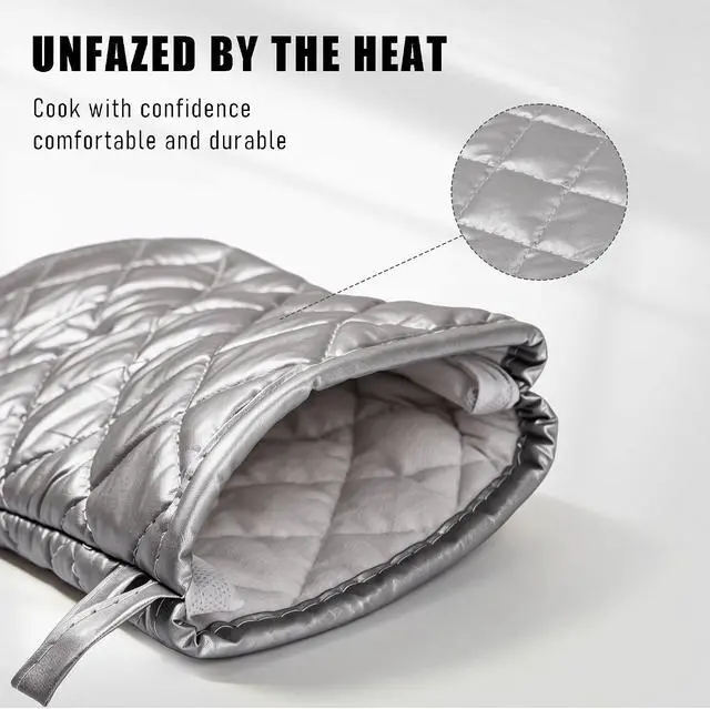 Alt view image 4 of 6 - Silver 13" Quilted Oven Mitts Set of 2 Heat Resistant for Kitchen Grill | Quilted Lining, 1 Pair, Heat Resistant, Classic, Cotton Blend, Cooking, Baking, Grilling, Non-Slip Grip