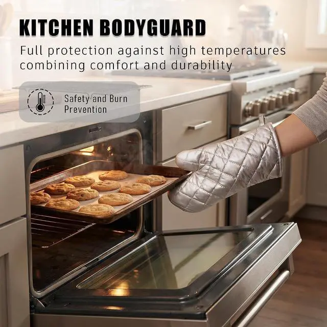 Alt view image 3 of 6 - Silver 13" Quilted Oven Mitts Set of 2 Heat Resistant for Kitchen Grill | Quilted Lining, 1 Pair, Heat Resistant, Classic, Cotton Blend, Cooking, Baking, Grilling, Non-Slip Grip