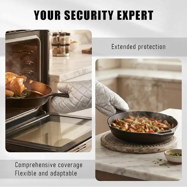 Alt view image 6 of 6 - Silver 13" Quilted Oven Mitts Set of 2 Heat Resistant for Kitchen Grill | Quilted Lining, 1 Pair, Heat Resistant, Classic, Cotton Blend, Cooking, Baking, Grilling, Non-Slip Grip