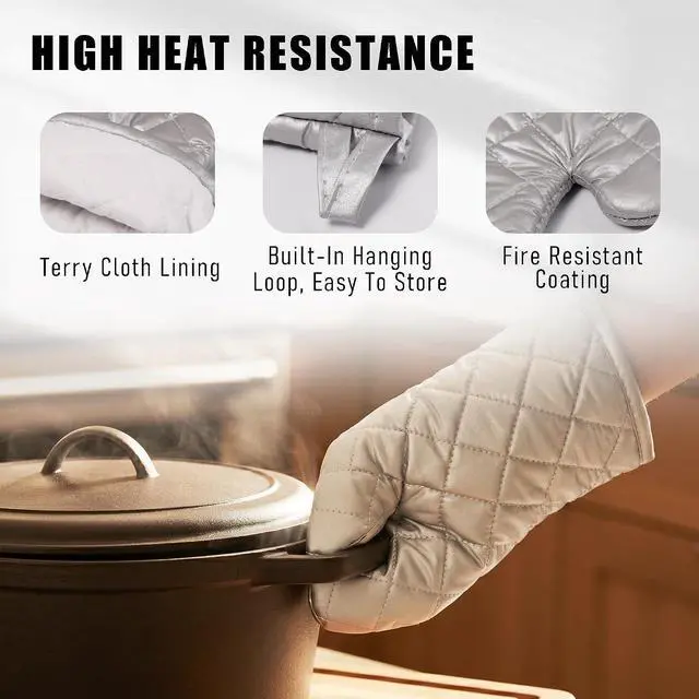 Alt view image 5 of 6 - Silver 13" Quilted Oven Mitts Set of 2 Heat Resistant for Kitchen Grill | Quilted Lining, 1 Pair, Heat Resistant, Classic, Cotton Blend, Cooking, Baking, Grilling, Non-Slip Grip