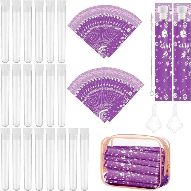 Main image of 64 Pcs Tampon Flasks Set Includes 20 Reusable Plastic Flasks, 40 Self Adhesive Wrappers, 2 Funnels, Clear Storage Bag, Clean Brush, Tube Flasks for Cruise Event, Concert, Outdoor Sports (Purple)