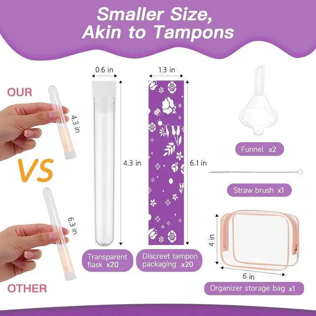 Alt view image 2 of 7 - 64 Pcs Tampon Flasks Set Includes 20 Reusable Plastic Flasks, 40 Self Adhesive Wrappers, 2 Funnels, Clear Storage Bag, Clean Brush, Tube Flasks for Cruise Event, Concert, Outdoor Sports (Purple)