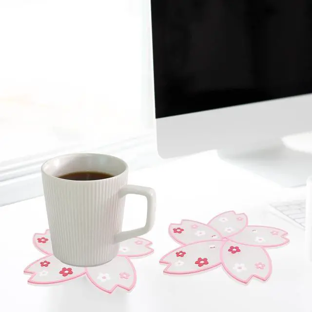 Alt view image 2 of 6 - 2 PCS Drink Coasters, Cute Coaster for Desk, Heat Resistant Anti-Slip PVC Cup Mat Sakura Cherry Blossom Decor (2 Pink)