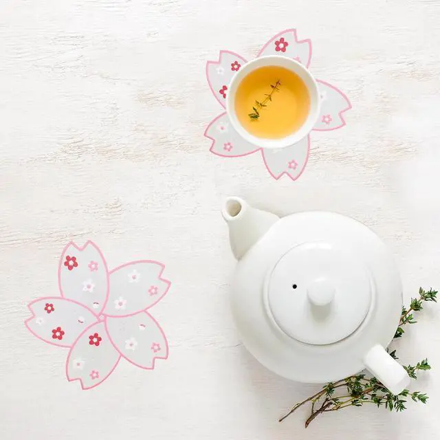 Alt view image 5 of 6 - 2 PCS Drink Coasters, Cute Coaster for Desk, Heat Resistant Anti-Slip PVC Cup Mat Sakura Cherry Blossom Decor (2 Pink)