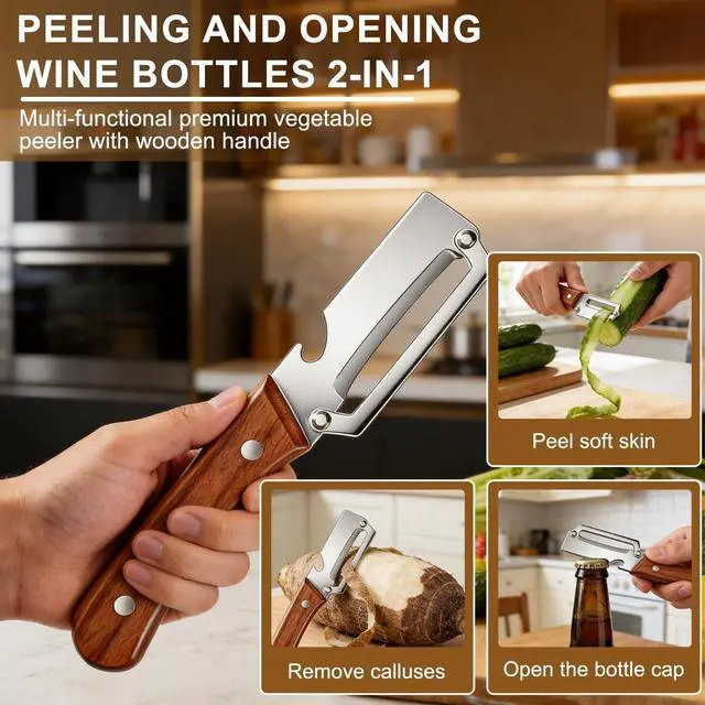 Alt view image 5 of 7 - 2 PCS Multi-Functional Vegetable Peeler for Kitchen, 2 in 1 Stainless Steel Vegetable Peeler with Wooden Handle and Bottle Opener, Kitchen Tool for Vegetables or Fruits that Need to Be Peeled