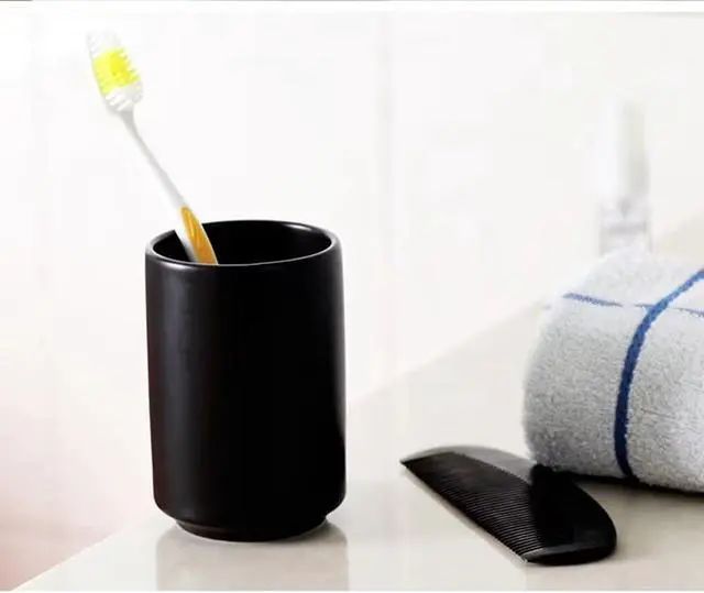 Alt view image 2 of 6 - Japanese Simple Black and White Style, handleless Ceramic Mug, Tea Cup, Toothbrush Holder, Coffee Cups (Black)