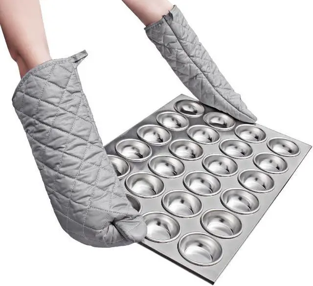 Alt view image 3 of 7 - YUANQIAN 17 Inch Extra Long Oven Mitts Heat Resistant Cotton Lining Oven Thick Gloves Kitchen Food Service Mittens for Pot Holders Cooking Baking BBQ, up to 482f (Silver, 17inch)