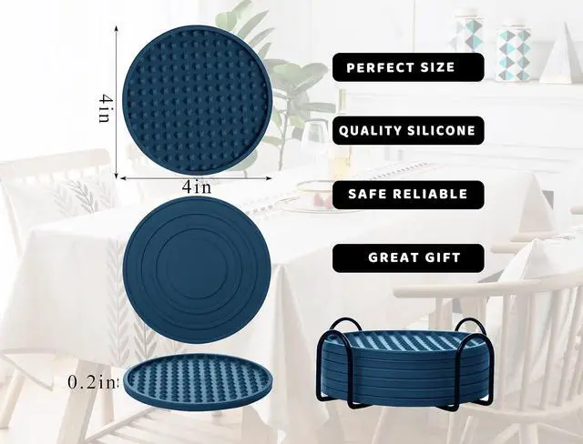 Alt view image 6 of 7 - Coasters for Drinks 6 Pack Drinking Coasters with Holder,Heat Resistant Silicone Cup Mat Tabletop Protection,Non-Slip Rubber Coaster for Kinds of Cups (Blue)