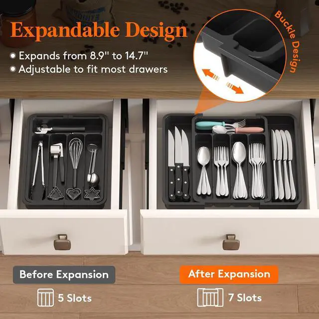 Alt view image 2 of 7 - Lifewit Silverware Drawer Organizer, Expandable Utensil Tray | BPA Free Flatware Cutlery Holder for Kitchen, Adjustable Plastic Storage for Spoons Forks Knives, 8.9-14.7 x 12.2, Black