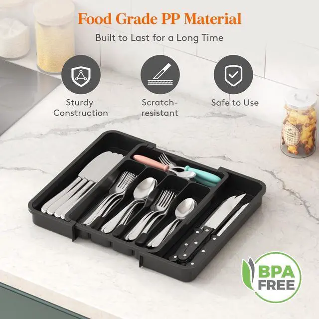 Alt view image 4 of 7 - Lifewit Silverware Drawer Organizer, Expandable Utensil Tray | BPA Free Flatware Cutlery Holder for Kitchen, Adjustable Plastic Storage for Spoons Forks Knives, 8.9-14.7 x 12.2, Black