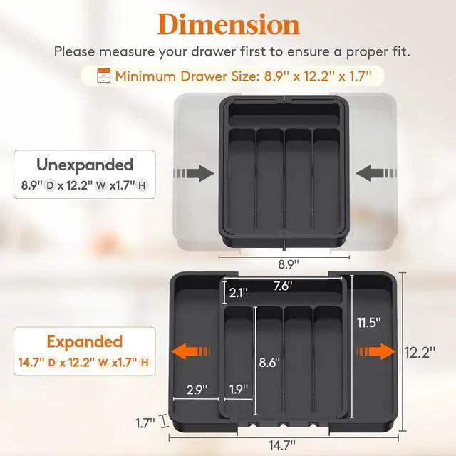 Alt view image 3 of 7 - Lifewit Silverware Drawer Organizer, Expandable Utensil Tray | BPA Free Flatware Cutlery Holder for Kitchen, Adjustable Plastic Storage for Spoons Forks Knives, 8.9-14.7 x 12.2, Black