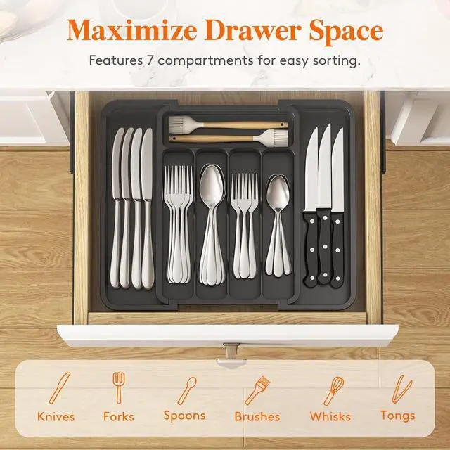 Alt view image 5 of 7 - Lifewit Silverware Drawer Organizer, Expandable Utensil Tray | BPA Free Flatware Cutlery Holder for Kitchen, Adjustable Plastic Storage for Spoons Forks Knives, 8.9-14.7 x 12.2, Black