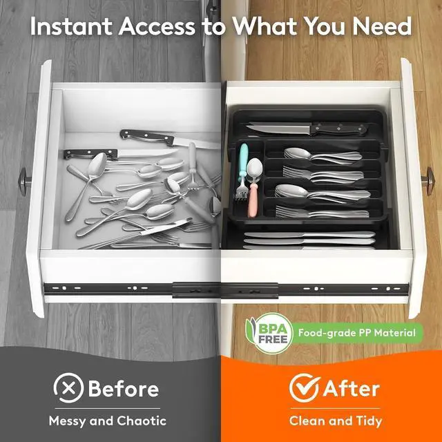 Alt view image 7 of 7 - Lifewit Silverware Drawer Organizer, Expandable Utensil Tray | BPA Free Flatware Cutlery Holder for Kitchen, Adjustable Plastic Storage for Spoons Forks Knives, 8.9-14.7 x 12.2, Black