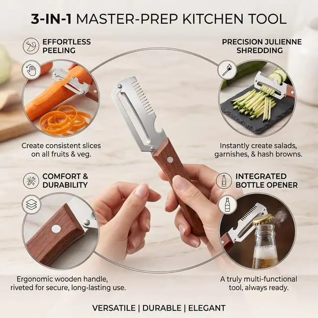 Alt view image 2 of 7 - Multifunctional Vegetable Peeler with Wooden Handle | Bottle Opener, Vegetable Slicer, Cabbage Shredder, Stainless Steel, Kitchen Essentials 2026