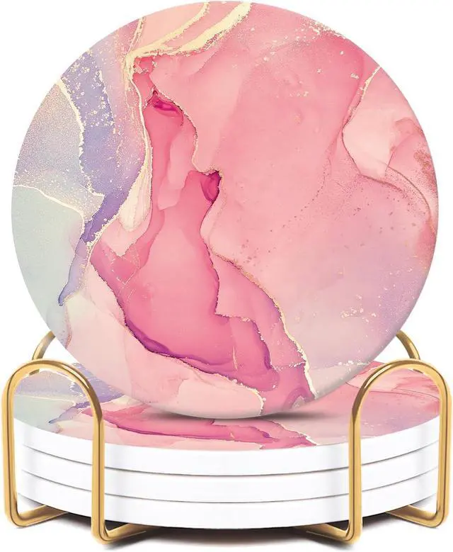 Main image of 4PCS Cute Pink Ceramic Coasters for Drinks with Gold Holder | Absorbent Drink Coasters with Cork Backing for Home Desk Decor, Coffee Table, Kitchen Counters, Living Rooms, for Women Girls