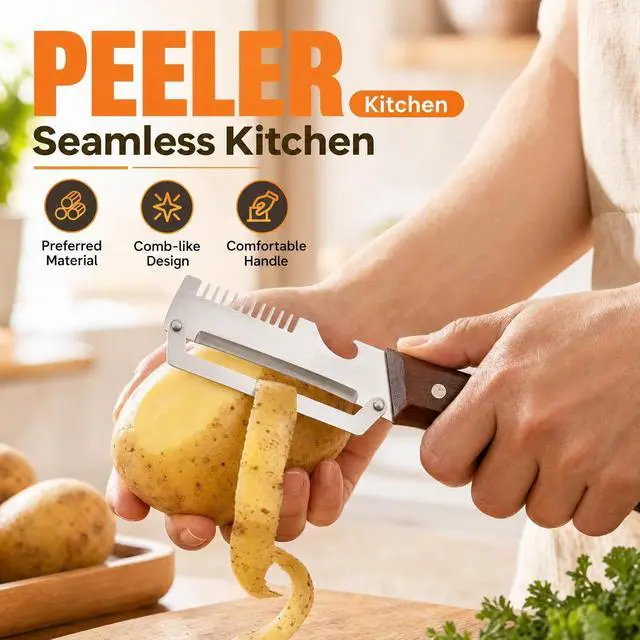 Alt view image 7 of 7 - Multifunctional Vegetable Peeler with Wooden Handle | Bottle Opener, Vegetable Slicer, Cabbage Shredder, Stainless Steel, Kitchen Essentials 2026