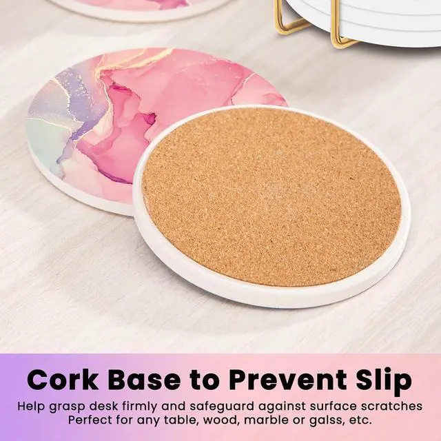 Alt view image 3 of 6 - 4PCS Cute Pink Ceramic Coasters for Drinks with Gold Holder | Absorbent Drink Coasters with Cork Backing for Home Desk Decor, Coffee Table, Kitchen Counters, Living Rooms, for Women Girls