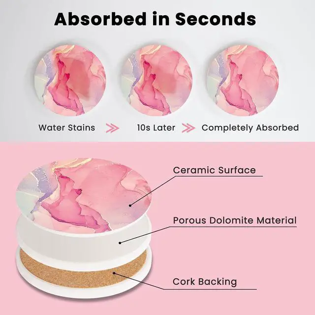 Alt view image 2 of 6 - 4PCS Cute Pink Ceramic Coasters for Drinks with Gold Holder | Absorbent Drink Coasters with Cork Backing for Home Desk Decor, Coffee Table, Kitchen Counters, Living Rooms, for Women Girls