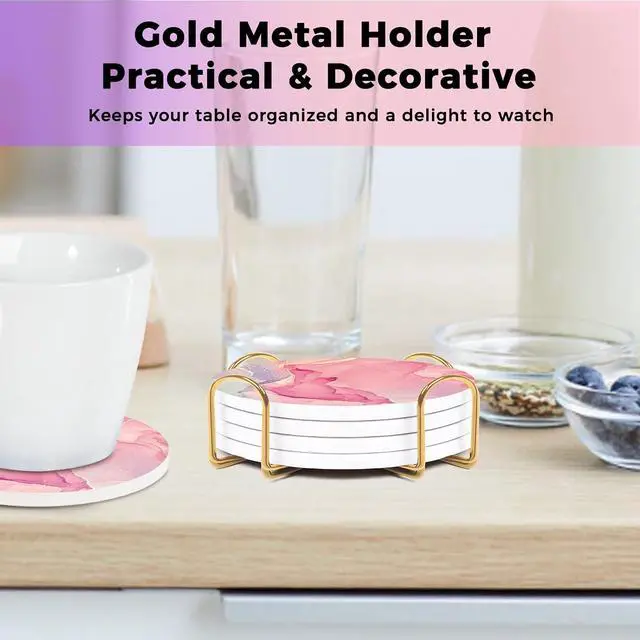 Alt view image 5 of 6 - 4PCS Cute Pink Ceramic Coasters for Drinks with Gold Holder | Absorbent Drink Coasters with Cork Backing for Home Desk Decor, Coffee Table, Kitchen Counters, Living Rooms, for Women Girls