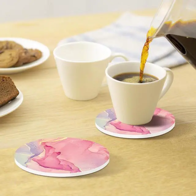 Alt view image 6 of 6 - 4PCS Cute Pink Ceramic Coasters for Drinks with Gold Holder | Absorbent Drink Coasters with Cork Backing for Home Desk Decor, Coffee Table, Kitchen Counters, Living Rooms, for Women Girls