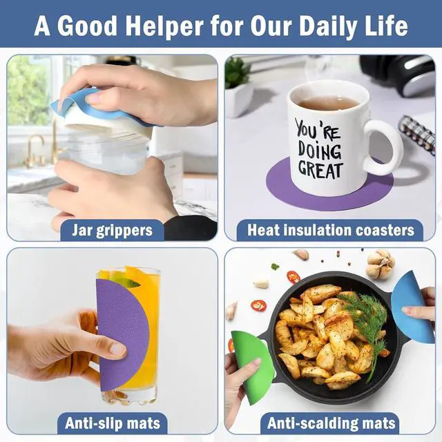 Alt view image 7 of 7 - Aixoom Rubber Jar Opener Pads Set of 4, Non-Slip Gripper Pads for Jars | For Seniors & Weak Hands, Heat-Resistant Trivet, Kitchen Coaster & Jar Lid Grip for Jars and Bottles (Circle)