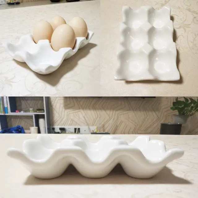 Alt view image 4 of 7 - Ceramic Egg Holder 6 Cups Egg Tray Container for Fridge & Countertop | White, Polished Surface, with Non-Slip Base | Porcelain Holder for Half Dozen Eggs for Refrigerator