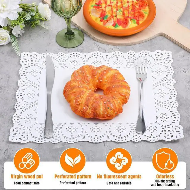 Alt view image 3 of 7 - 50 Pcs Rectangle Paper Doilies, 9.8 x 13.7 Inch White Lace Disposable Paper Placemats Doilies for Wedding Birthday Cakes, Dessert Trays, Table Furniture, Party Tableware Food Decoration
