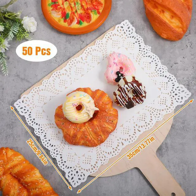 Alt view image 2 of 7 - 50 Pcs Rectangle Paper Doilies, 9.8 x 13.7 Inch White Lace Disposable Paper Placemats Doilies for Wedding Birthday Cakes, Dessert Trays, Table Furniture, Party Tableware Food Decoration