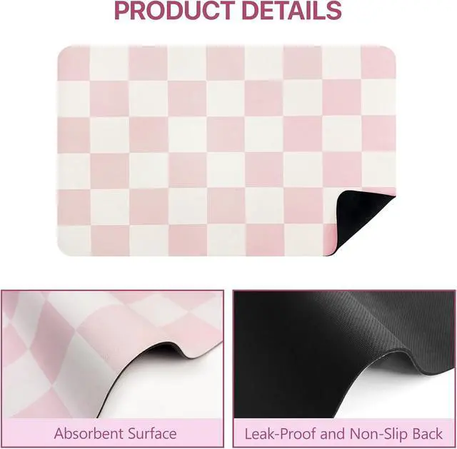 Alt view image 4 of 7 - Dish Drying Mat for Kitchen Counter,12"x 19" Super Absorbent Kitchen Dish Drying Pad, Heat Resistant Drainer Mats with Non-slip Rubber Backed, Pink Checkered Coffee Bar Station Accessories