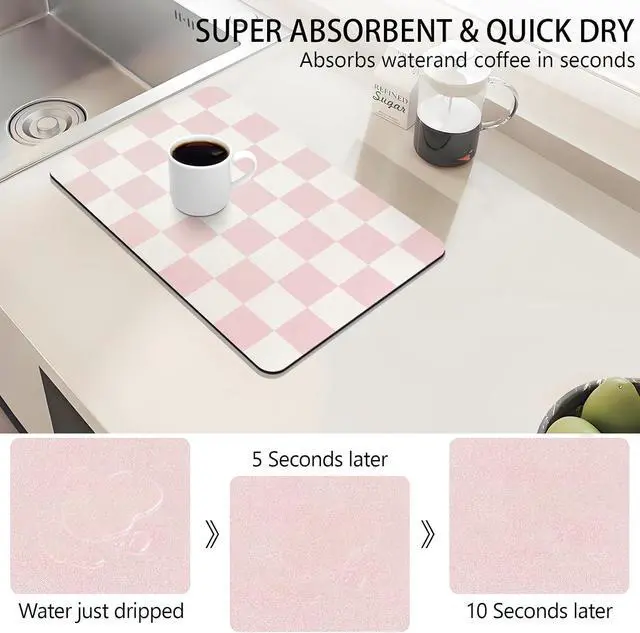 Alt view image 3 of 7 - Dish Drying Mat for Kitchen Counter,12"x 19" Super Absorbent Kitchen Dish Drying Pad, Heat Resistant Drainer Mats with Non-slip Rubber Backed, Pink Checkered Coffee Bar Station Accessories