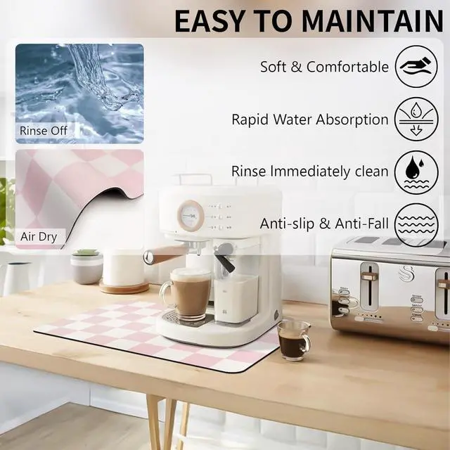 Alt view image 2 of 7 - Dish Drying Mat for Kitchen Counter,12"x 19" Super Absorbent Kitchen Dish Drying Pad, Heat Resistant Drainer Mats with Non-slip Rubber Backed, Pink Checkered Coffee Bar Station Accessories