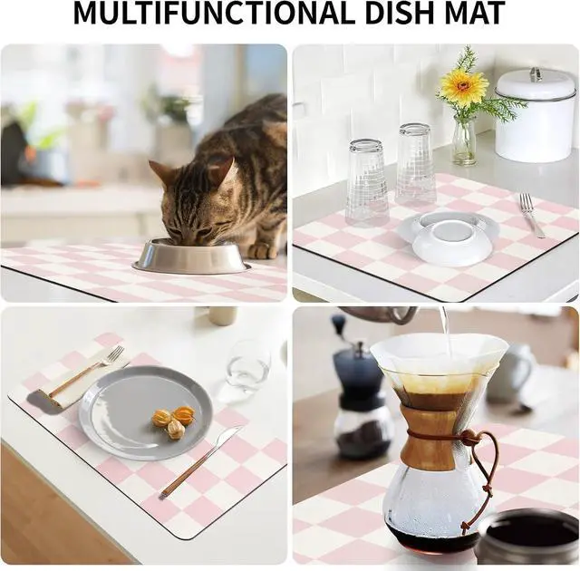 Alt view image 7 of 7 - Dish Drying Mat for Kitchen Counter,12"x 19" Super Absorbent Kitchen Dish Drying Pad, Heat Resistant Drainer Mats with Non-slip Rubber Backed, Pink Checkered Coffee Bar Station Accessories